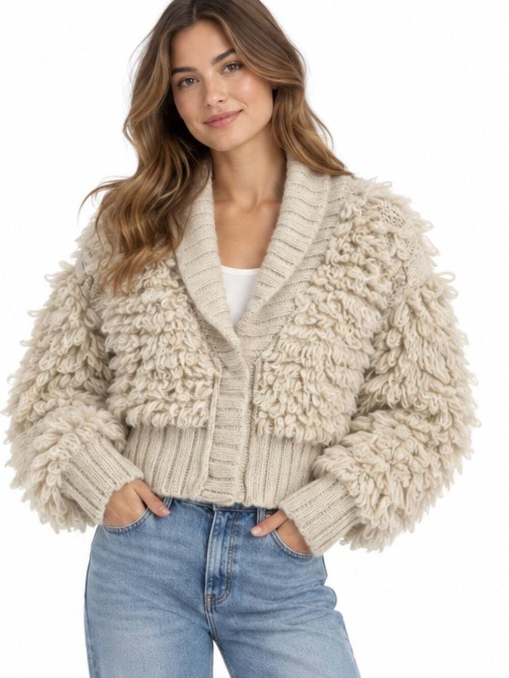Pilcro Anthropologie Textured Cardigan Sweater M Cream Wool Blend Loopy Shaggy